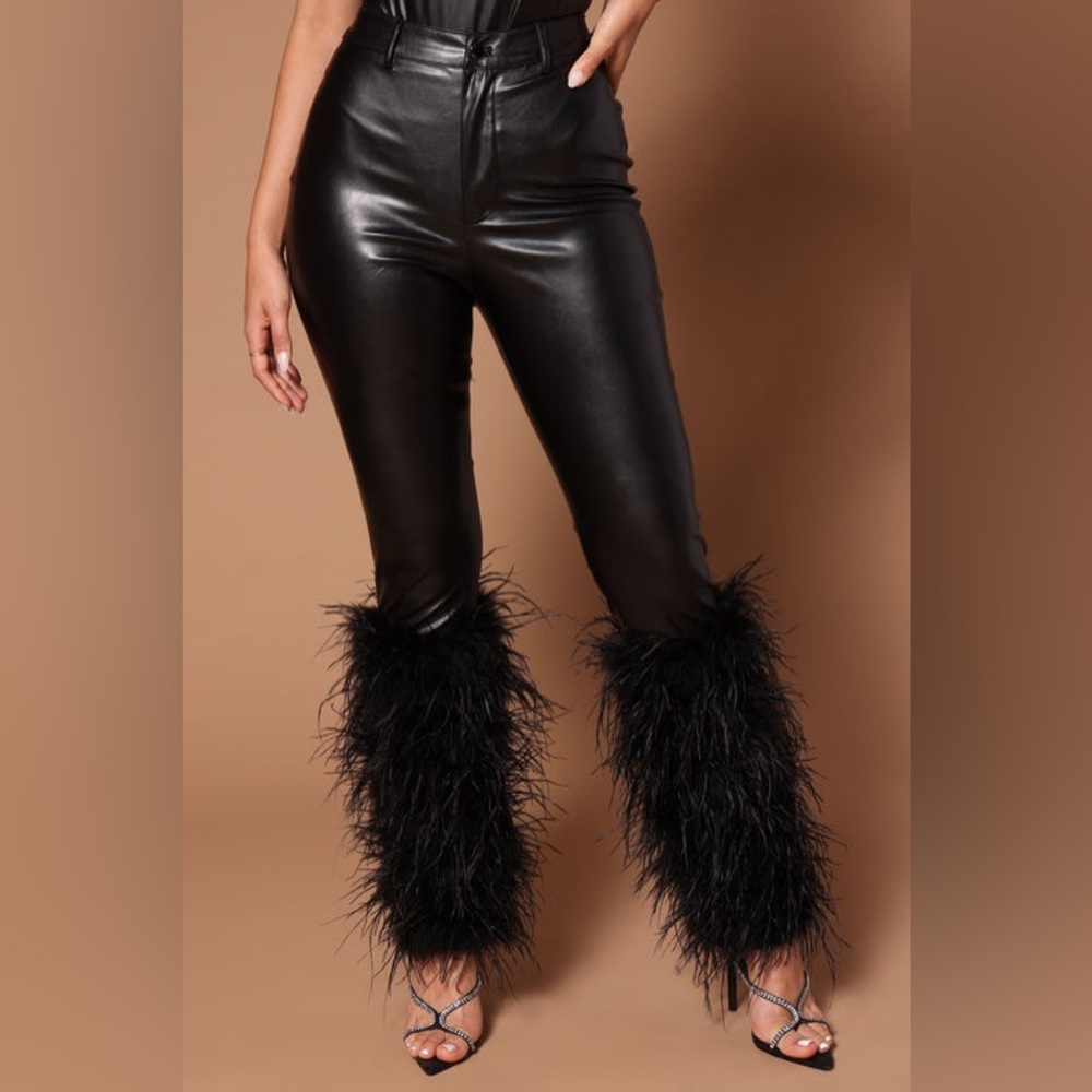 Faux black leather pants feather bottom trim